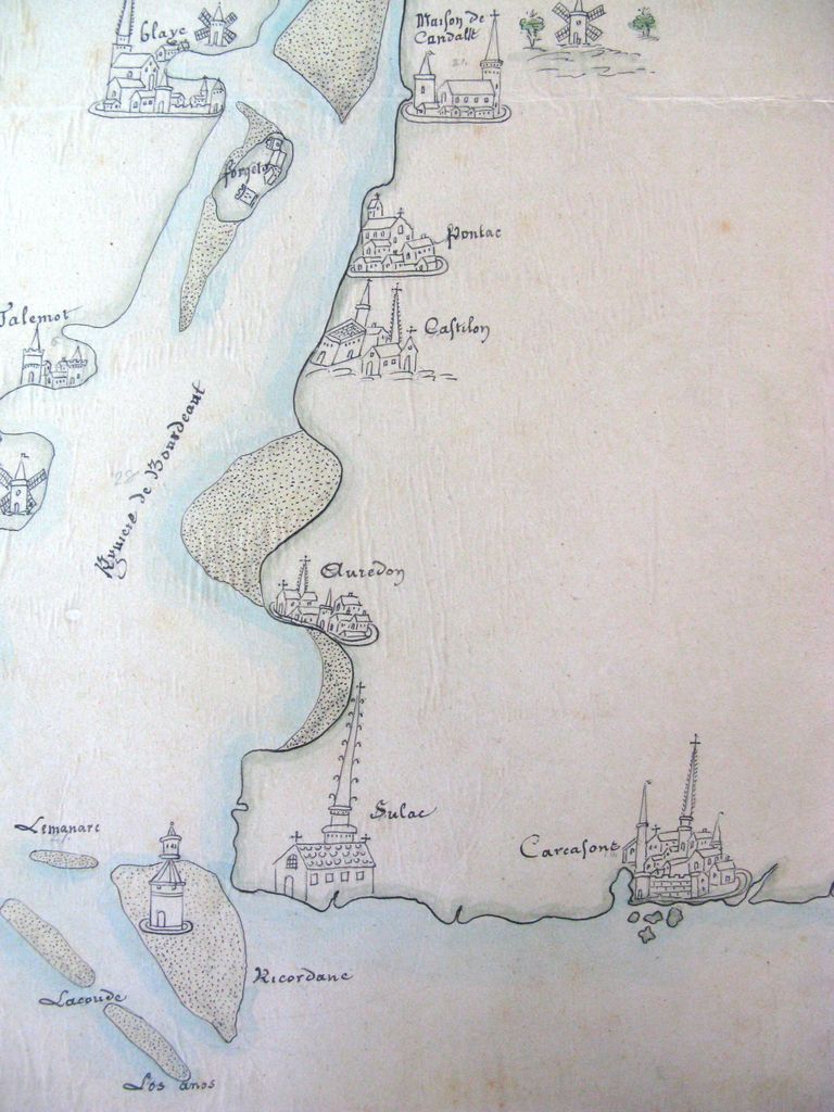 Plan figuratif de la Gironde, 1545 : détail du Verdon et de Soulac.