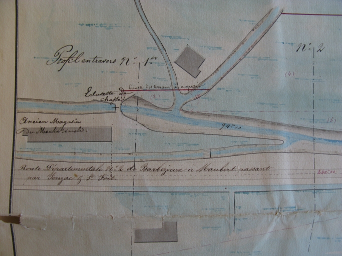 Projet de rectification du chenal par l'ingénieur Lessore en 1841 : alentours de l'ancien moulin à eau.