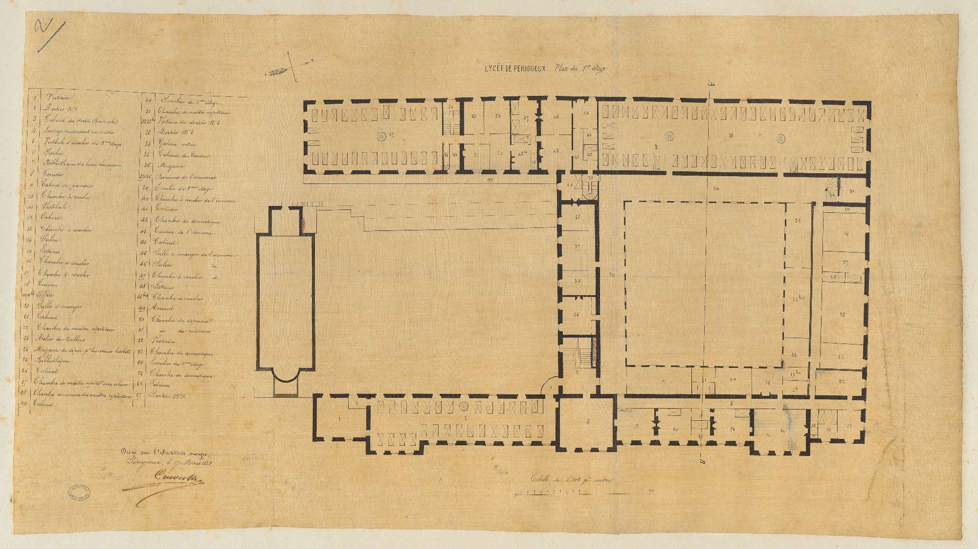 Lycée impérial. Plan du 1er étage. 0.005 pm. Signé de l'architecte Elie Poncet Cruvelier, 17 mars 1862. (AN)