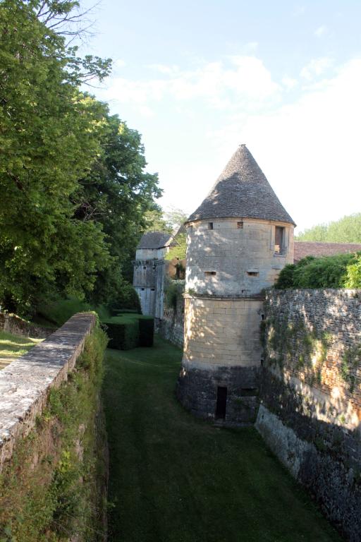 Enceinte du château : vue d'ensemble de la douve sèche occidentale, avec la tour occidentale au premier plan, la tour dite 