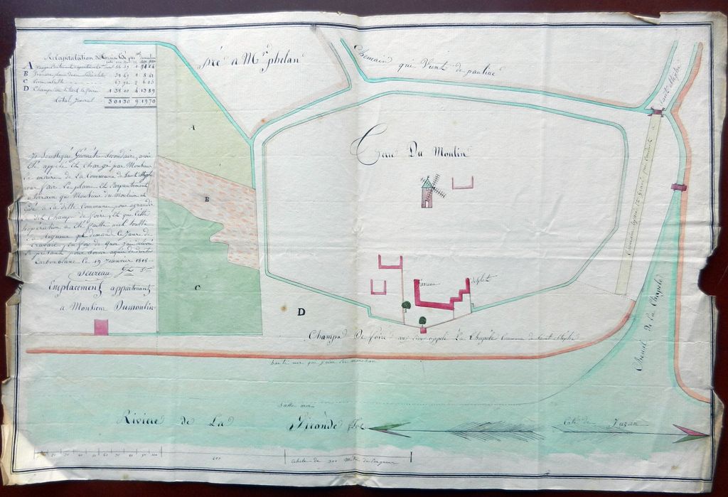 Cession à titre gratieux que font à la commune deux propriétaires d'une portion du Jauga de la Chapelle pour agrandir le champ de foire, 5 août 1817. Plan du terrain appartenant à Théodore Dumoulin, 19 janvier 1818.