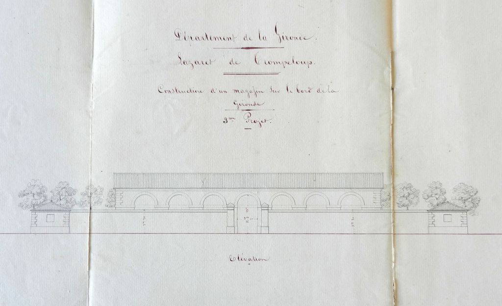 Nouveau magasin, plan général, 3e projet : élévation, s.n. [A. Thiac], dessin, encre, aquarelle, s.d. [septembre 1831].