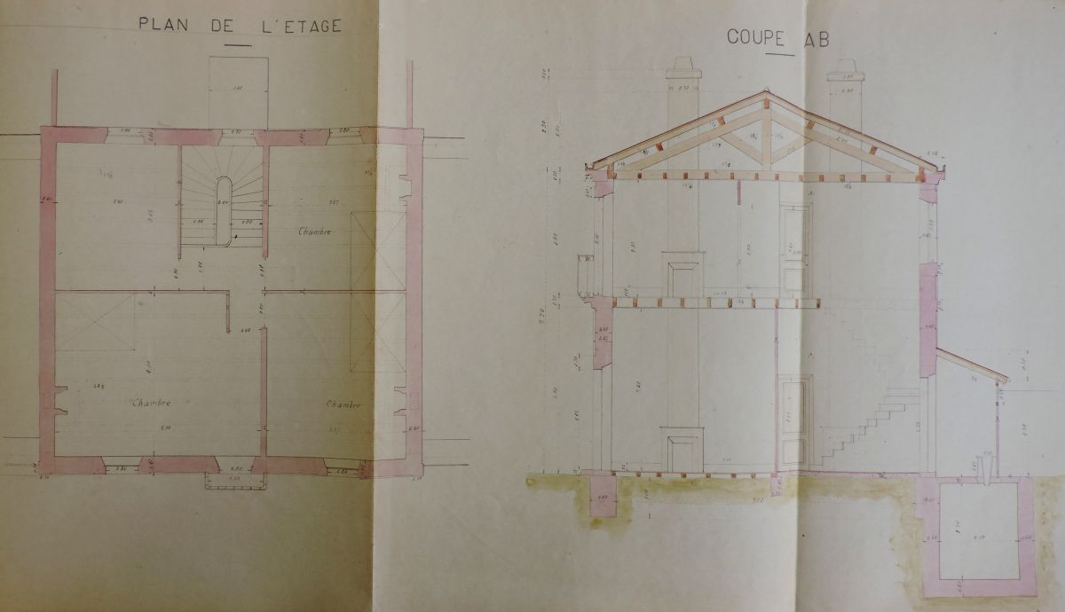 Plan du phare de 1905, 30 juillet 1904 : plan de l'étage et coupe transversale du bâtiment d'administration.