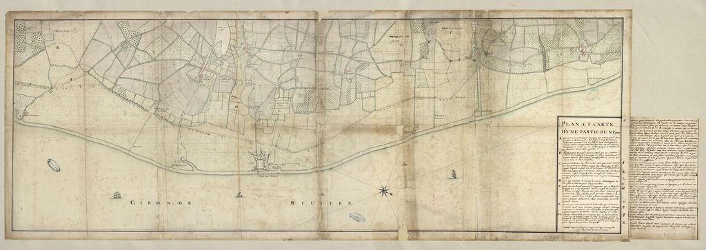 Plan et carte d'une partie du Médoc, dressé par Reveillaud, architecte à Blaye, 18e siècle.