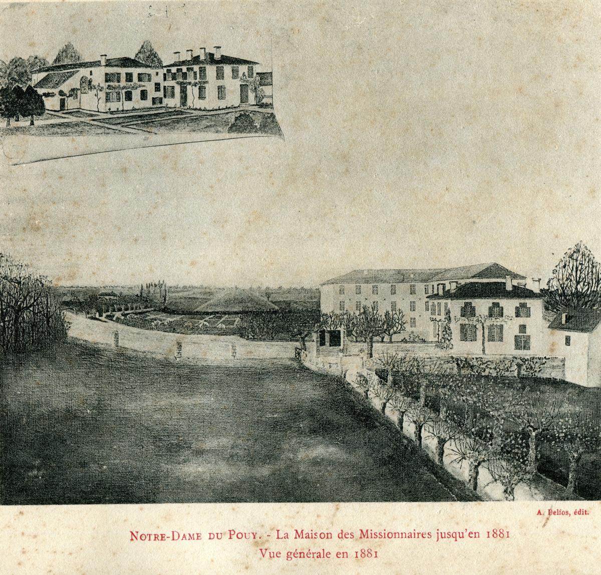 Le Pouy en 1881 après la première phase de travaux. En haut à gauche : la maison d'Amanda de Lupé avant la construction du séminaire. Carte postale, A. Delfos, édit.