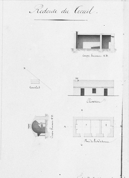 Plan, élévation et coupe de la caserne du fort en 1826.