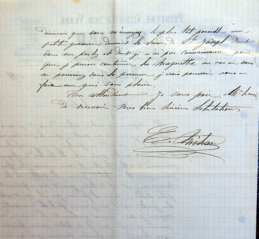 Lettre du verrier nancéien Émile Richard au curé Éloi Foy, annonçant l'envoi des maquettes de ses verrières, 17 février 1891, fin (AP Coudures).