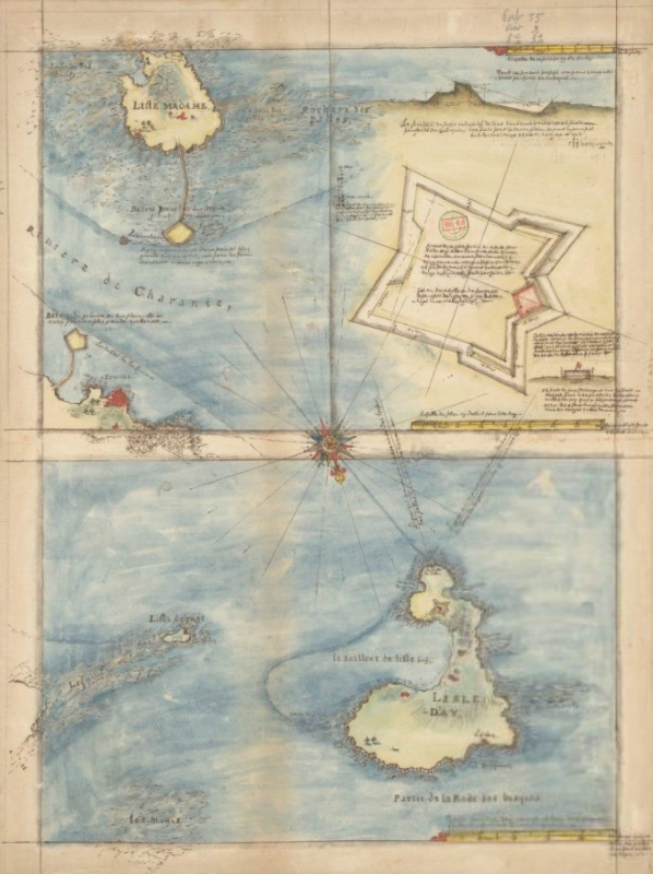 Projet d'implantation d'une redoute sur l'île, carte de l'ingénieur La Favolière, en 1672. 