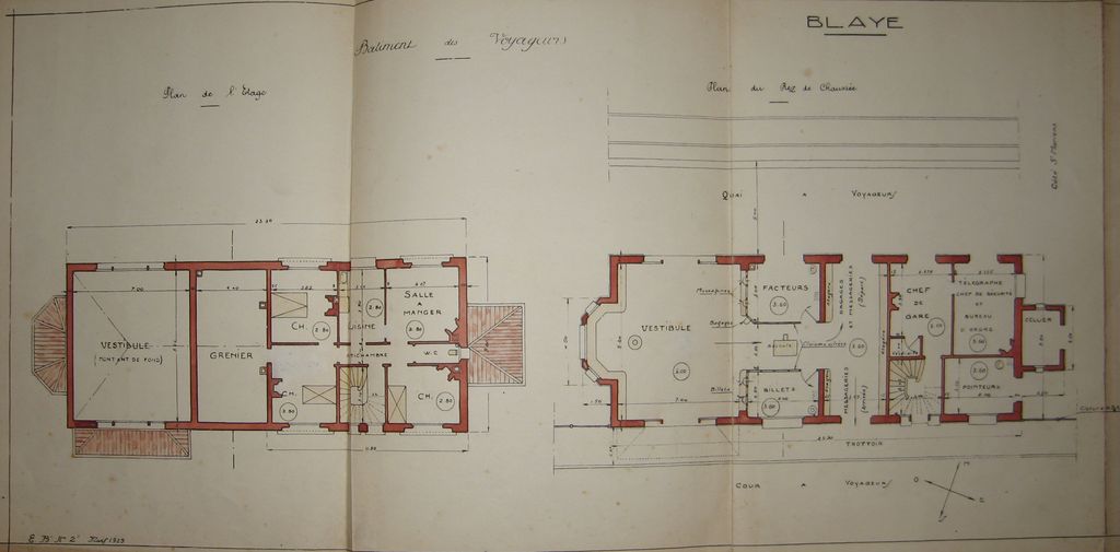 Plan et élévation du bâtiment des voyageurs, n.s., mars 1929. Dessin, encre et lavis (détail).