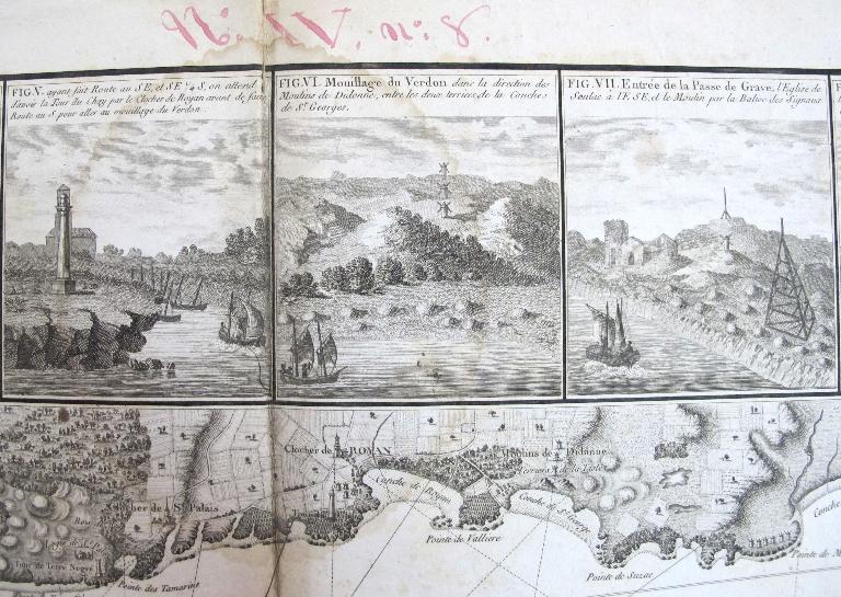 Carte de l’entrée de la rivière de Bordeaux, détail de la vue de Soulac, 1776.