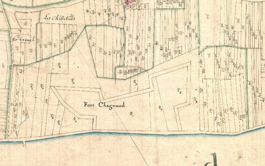 La partie nord de l'emplacement du fort Chagnaud sur le plan cadastral de Saint-Nazaire-sur-Charente de 1824, section A2.
