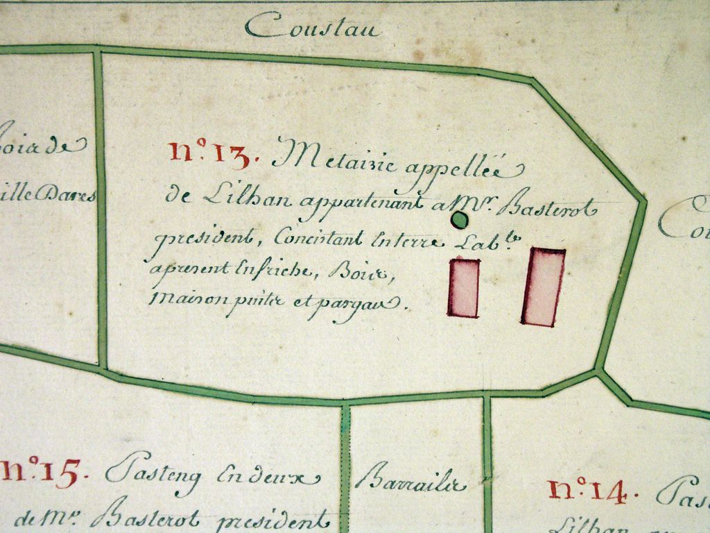 Plan parcellaire des terres et domaines dépendants de la seigneurie de Lesparre, paroisse de Soulac, 18e siècle : métairie de Lilhan appartenant à M. de Basterot.