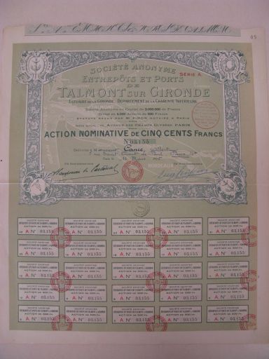 Action de la Société des entrepôts et ports de Talmont-sur-Gironde, 1925.