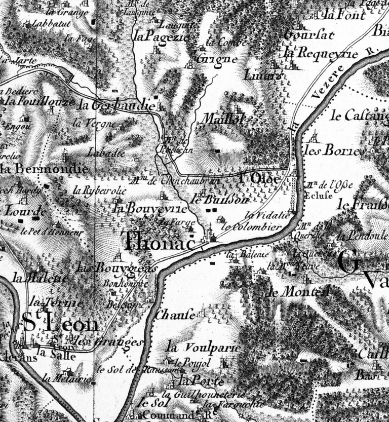 Losse en 1768, d'après un extrait de la carte de Belleyme (planche n° 23, levée en 1768, publiée entre 1785 et 1789).