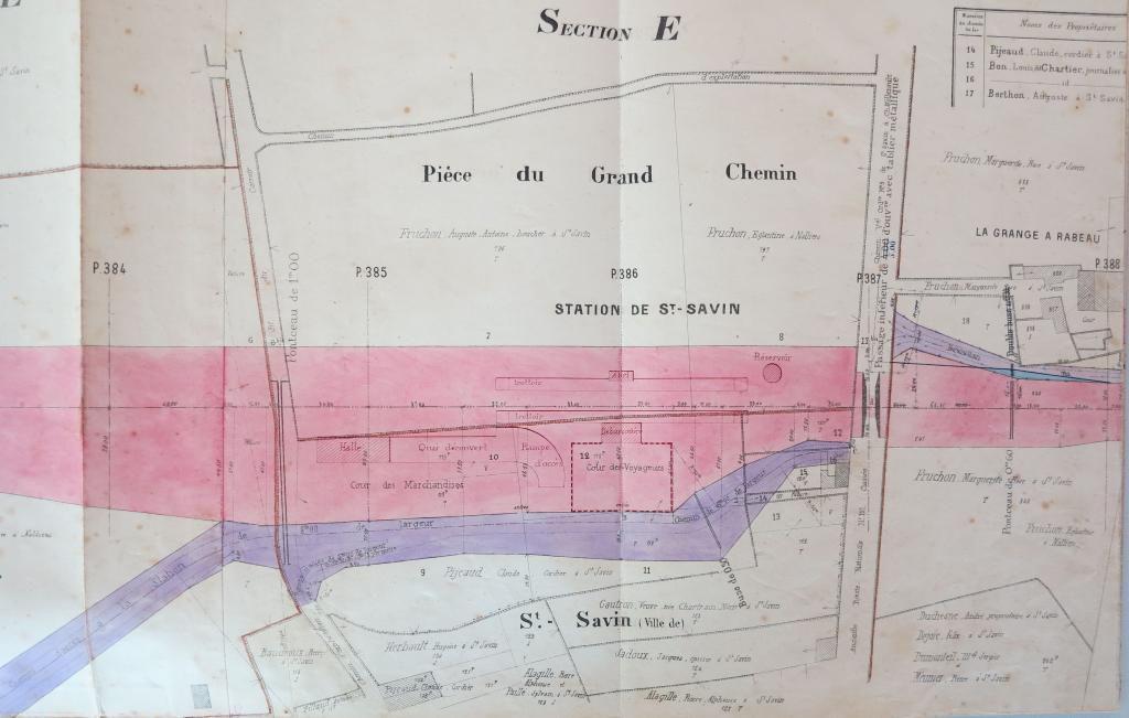 Plan de la voie ferrée du profil 384 au profil 388 (gare et ponts, rampe du chemin du Carroir), commune de Saint-Savin pour l'enquête parcellaire, 15 septembre 1881.