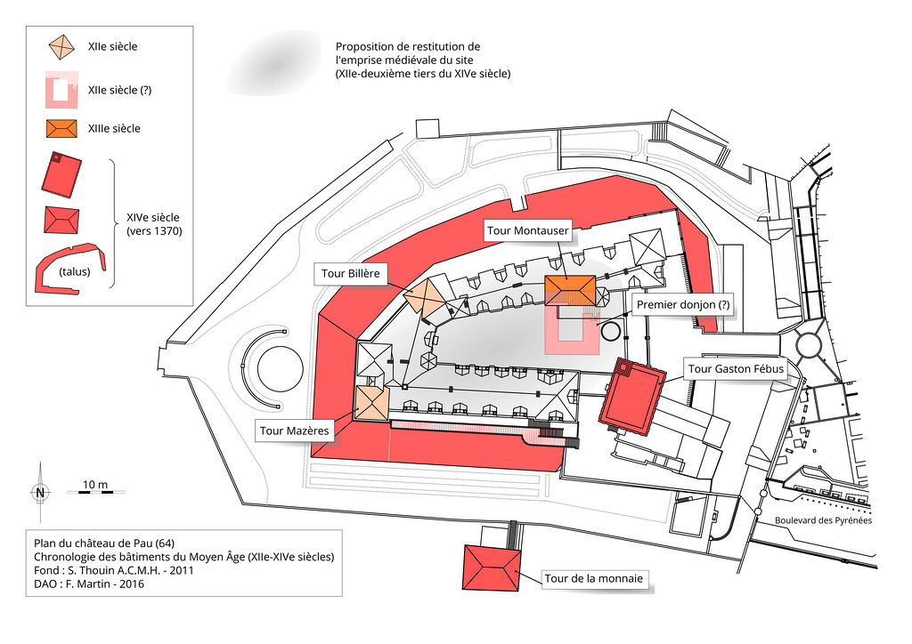 Plan du château de Pau avec restitution de son emprise médiévale.