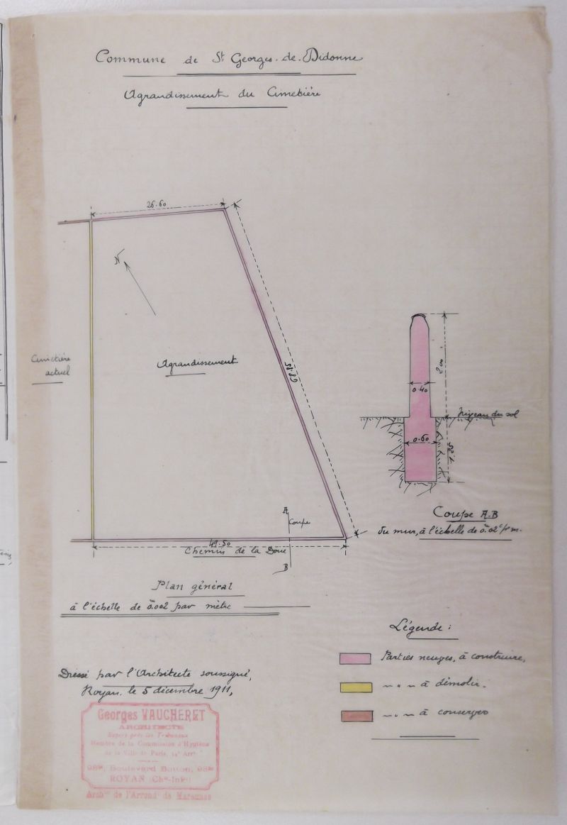 Plan extrait du devis établi en 1911 par Georges Vaucheret, architecte, pour l'agrandissement du mur de clôture.
