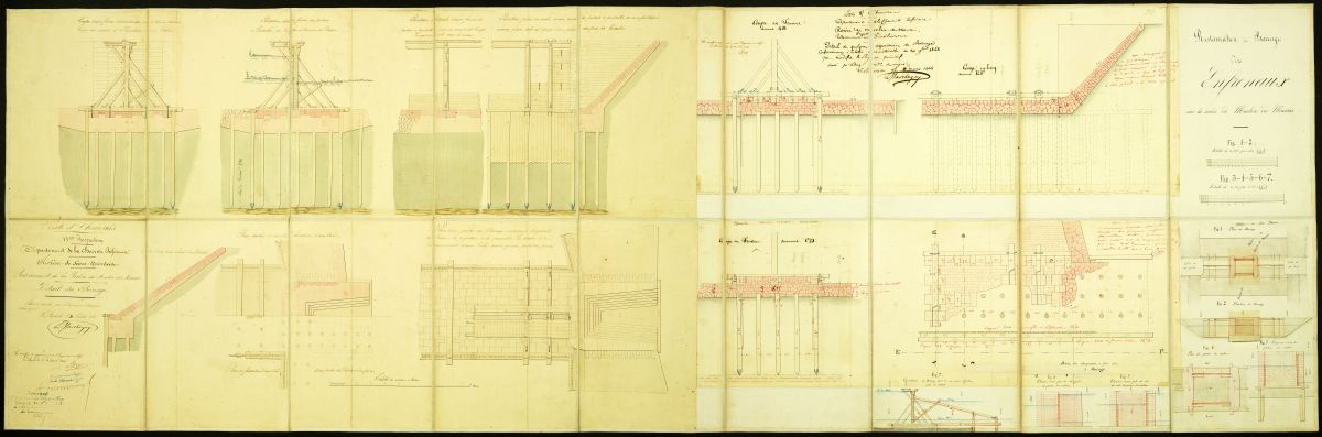 Plans du barrage à construire à l'embouchure du nouveau lit de la rivière du Moulin des Marais, par l'ingénieur Marchegay, 1843.