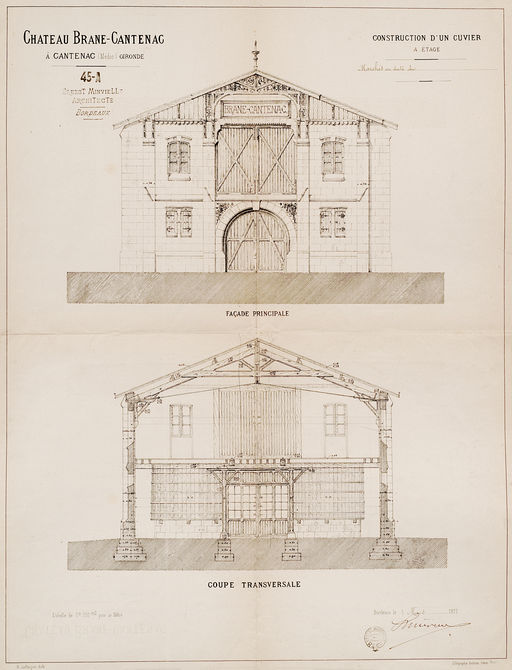 Construction d'un cuvier à étage, façade principale et coupe transversale, 1 mars 1877.