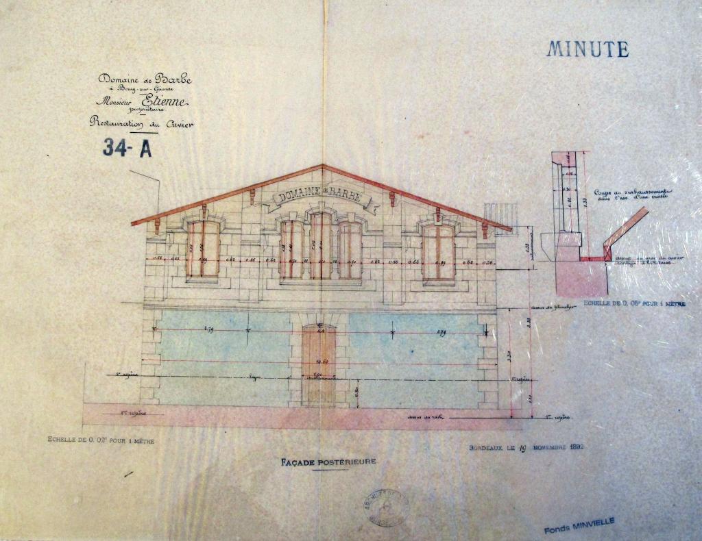 Plan. Domaine de Barbe à Bourg-sur-Gironde. restauration du cuvier, 19 novembre 1892 : façade postérieure.