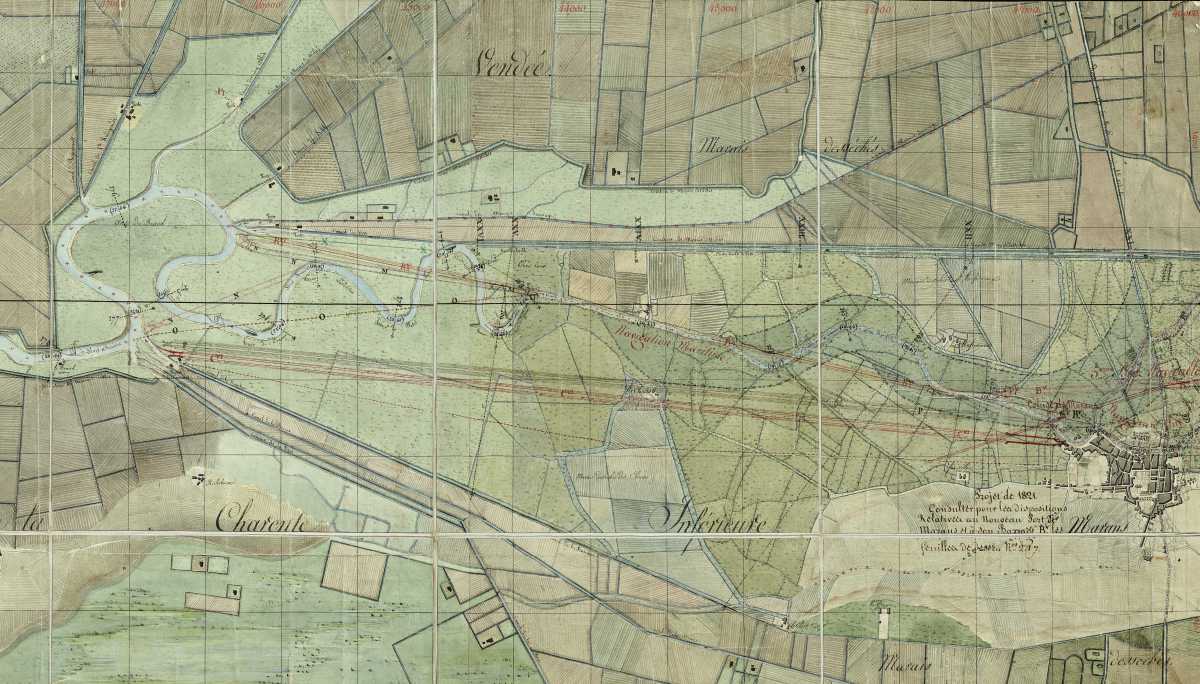 Projet de canal de Marans à la mer sur la carte du bassin de la Sèvre Niortaise par Mesnager en 1818.
