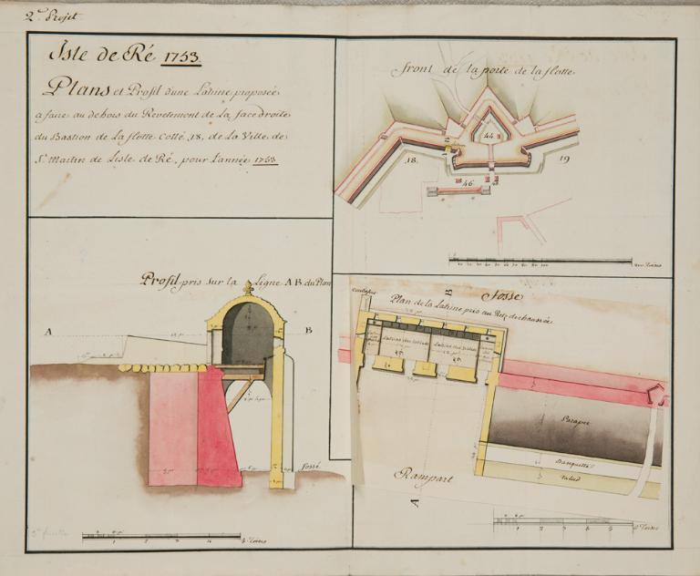 Latrine du bastion de La Flotte, plan et coupe, 1753.