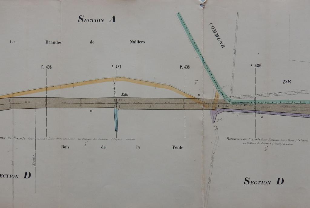 Tracé de la ligne entre le profil 436 et le profil 439 (buse de 0m70 au profil 437). Plan parcellaire de Saint-Germain. 1891.