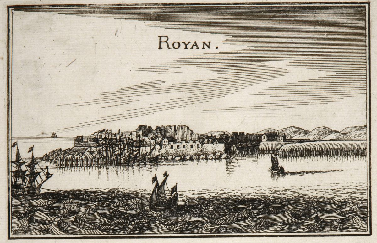 Le port et les vestiges du château de Royan, gravure par Mérian, 1655.