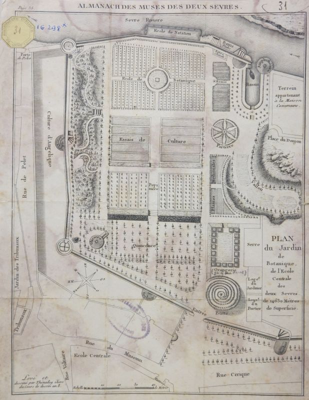 Plan du jardin botanique mentionnant une école de natation et des bains tièdes en bord de Sèvre, par Thénadey, 1800.