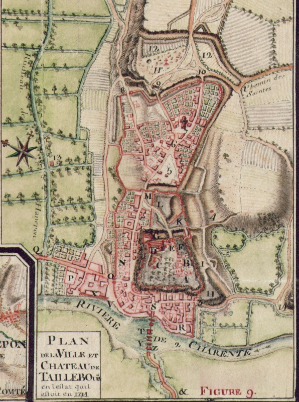 Plan de la ville de taillebourg levé en 1714 par Claude Masse : le port est indiqué par la lettre V.