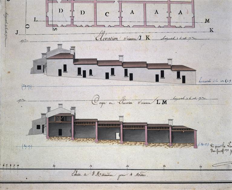 Plans, coupes et élévation de la caserne (50) et Manutention : détail.
