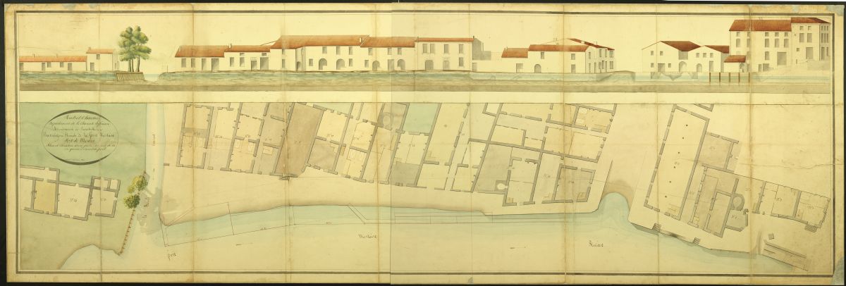 Maisons et magasins le long de l'actuel quai Joffre, entre le pont de pierre et le Bot Courant, en 1830.