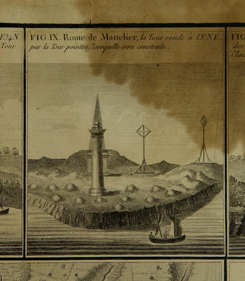 Extrait de la carte de la Gironde par Teulère : tour et balises en bois à la pointe de la Coubre.