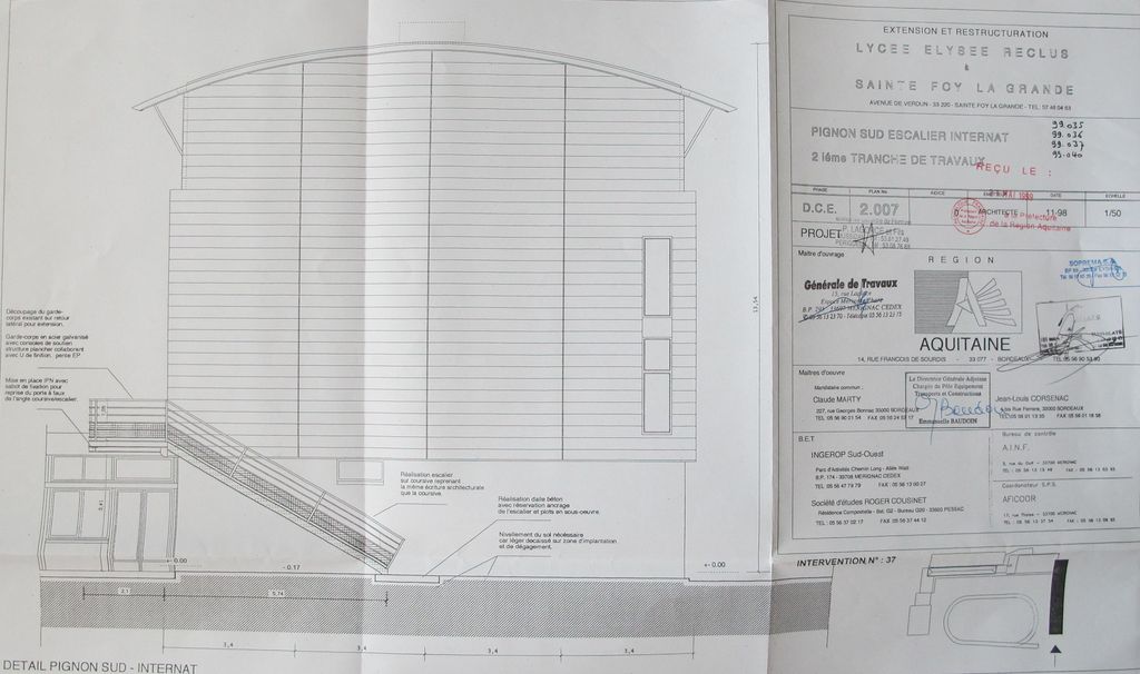 Extension et restructuration, 2eme tranche, pignon sud escalier internat, Claude Marty architecte, nov-1998. (Archives Région Nouvelle-Aquitaine)