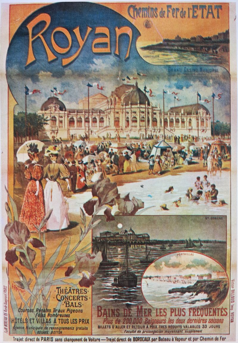 Le grand casino de Royan sur une affiche vantant les mérites de la station balnéaire vers 1900.