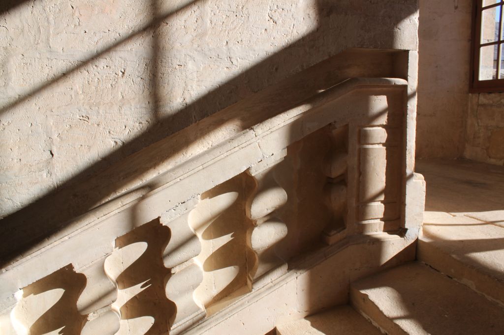 Détail de la main-courante du mur-noyau de l'escalier du château de Sauveboeuf : balustrade en réseau aveugle.