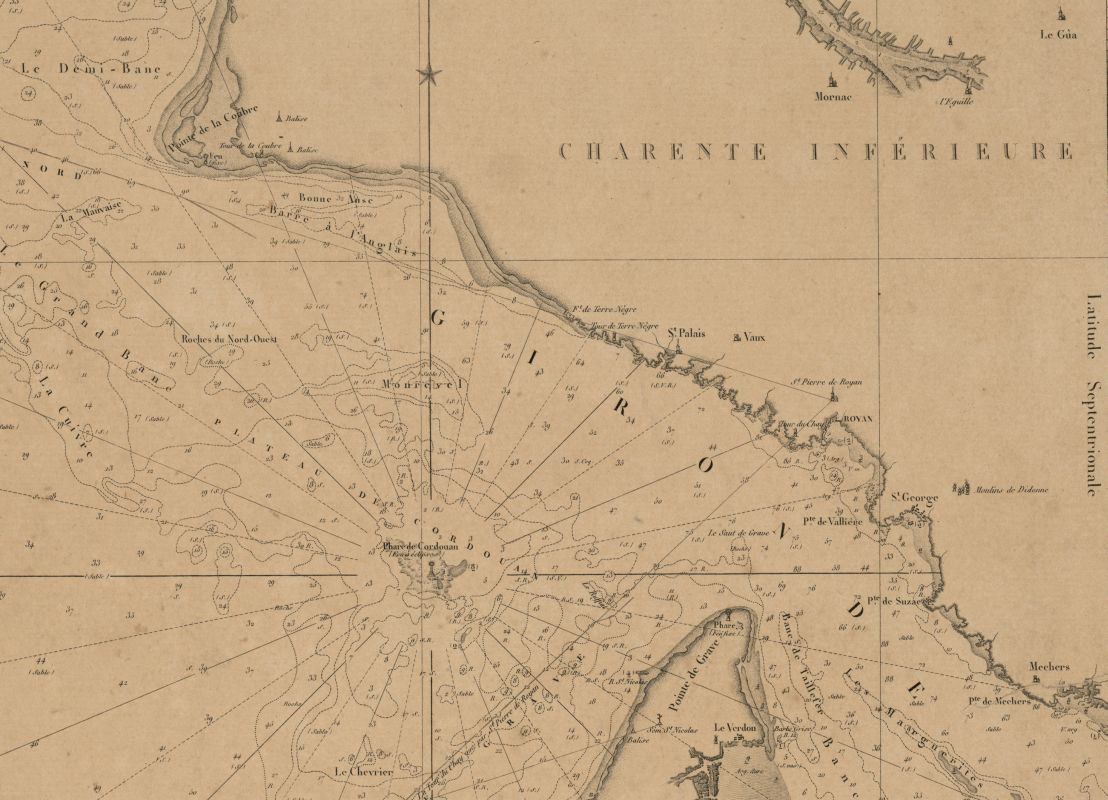 L'embouchure de la Gironde et les repères pour la navigation qui la bordent, sur la carte de la Gironde par Beautemps-Beaupré en 1831.