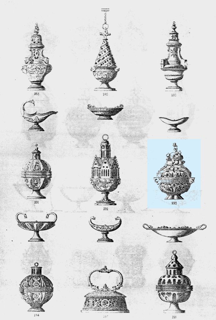 Extrait du catalogue de la maison Poussielgue-Rusand, après 1880 : modèle d'encensoir, p. 126, n° 293 (à droite).