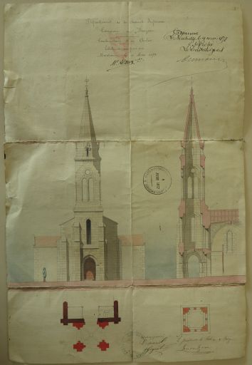 Projet de clocher pour la nouvelle église de Barzan, par Michel Alaux, 13 mai 1875.