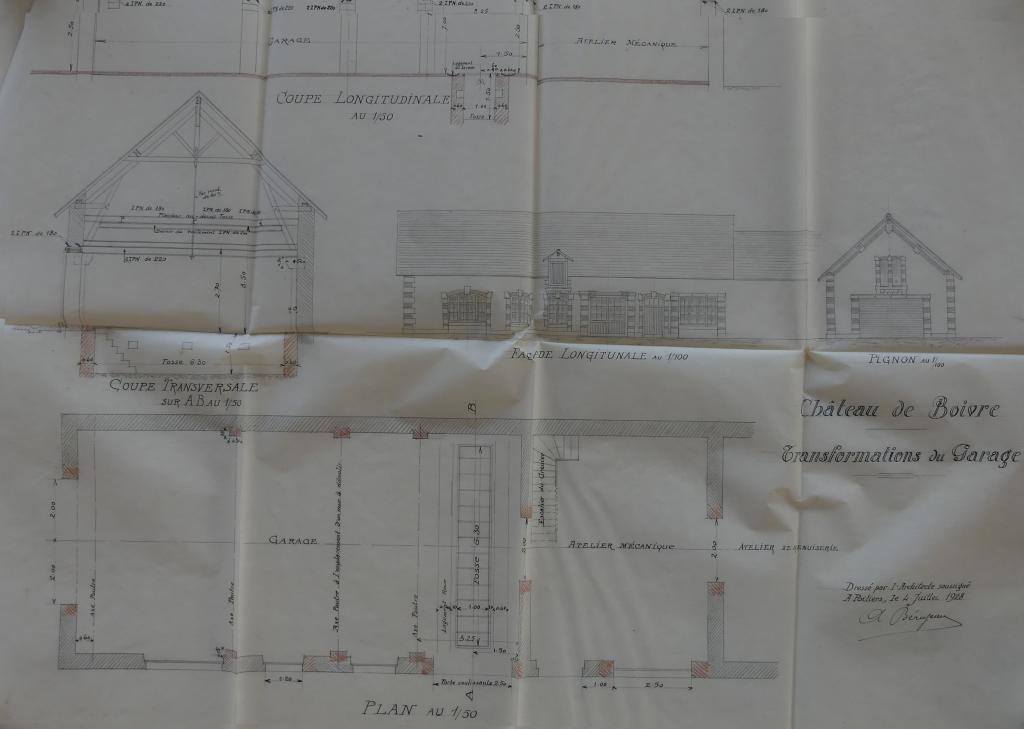 Plan, coupe et élévation du garage - actuel foyer - par Alphonse Bérujeau, juillet 1928.
