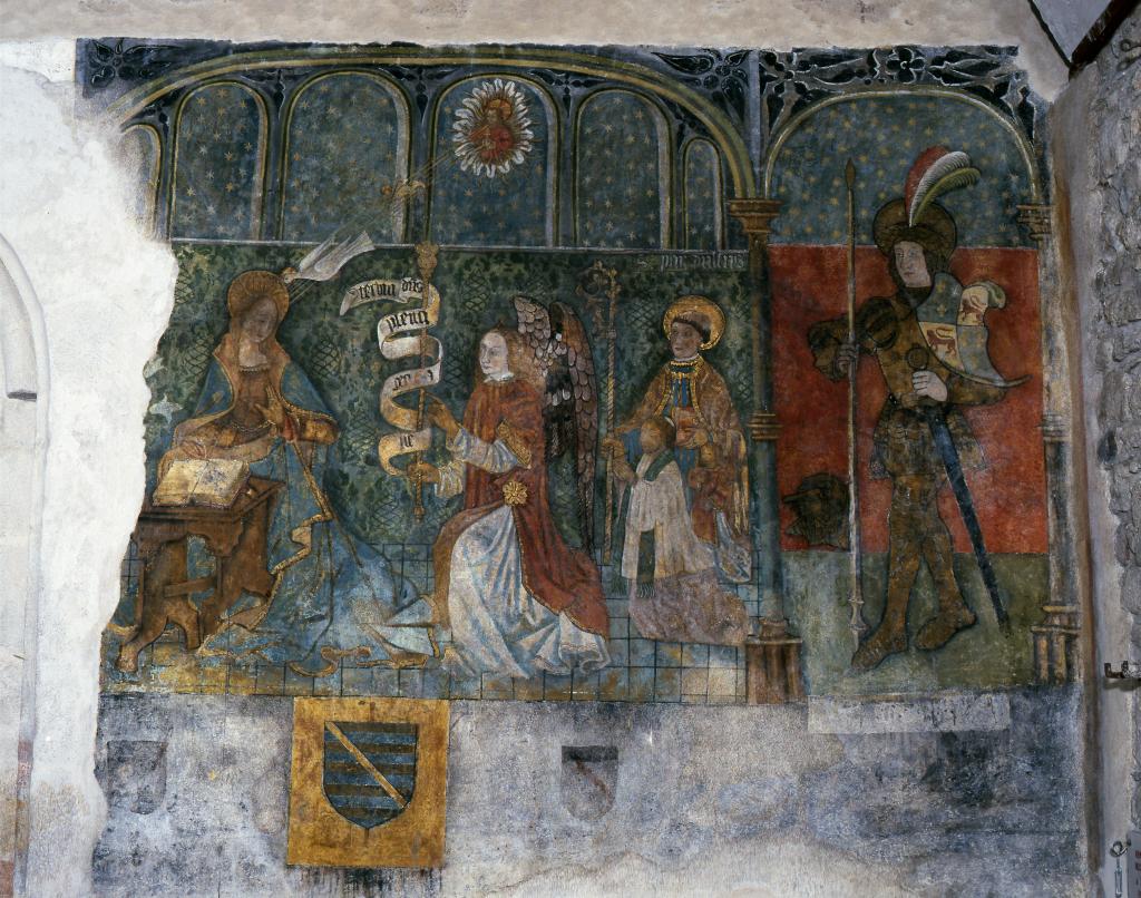 Vue générale d'une peinture monumentale représentant l'Annonciation et saint Georges.