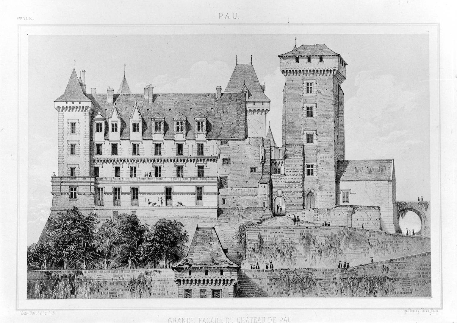 Grande façade du château de Pau prise du côté du Midi. (Souvenirs de Pau. Dessinés d'après nature et lithographiés par Victor Petit (Bassy, Auguste), 1854 (?).