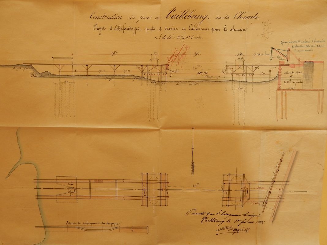 Projet d'échafaudages pour la construction du pont, par l'ingénieur civile Vazeille, le 1er février 1886.
