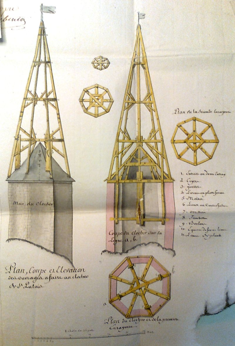 Plan, coupe et élévation de la tour-clocher et de la flèche en charpente projetée, vers 1770.