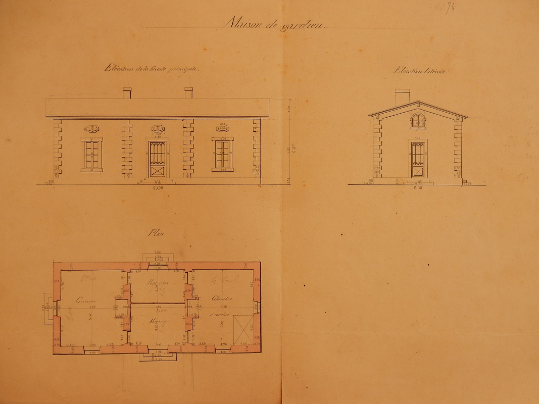 Plan et élévation de la maison de gardien, 1864.