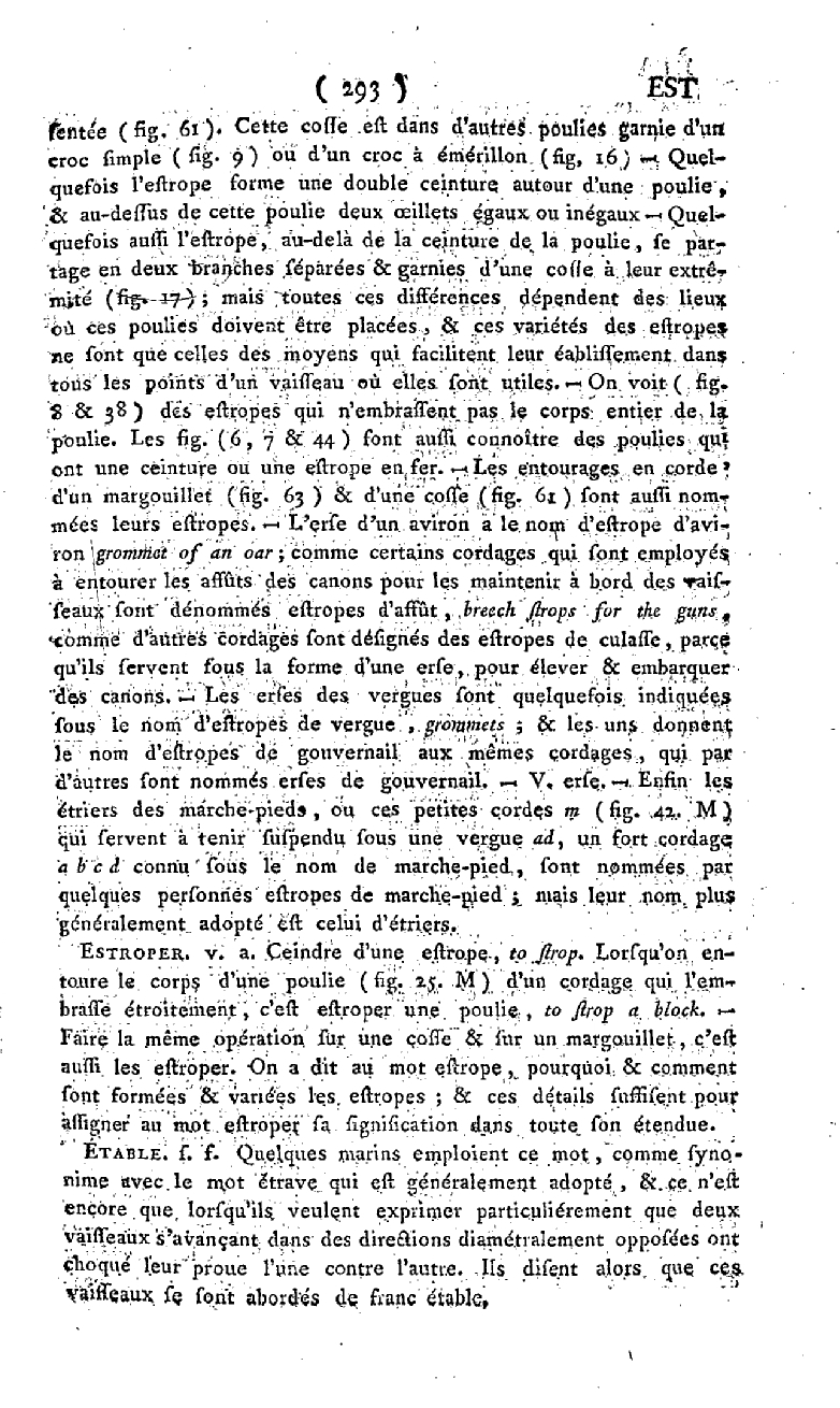 Définition du mot Estrope dans le Dictionnaire de la marine de Romme, suite, page 293. (Gallica)
