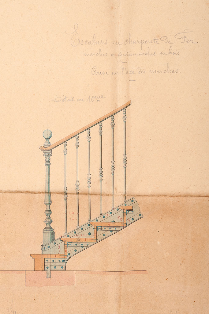 Dessin de l'escalier en charpente de fer en 1889.