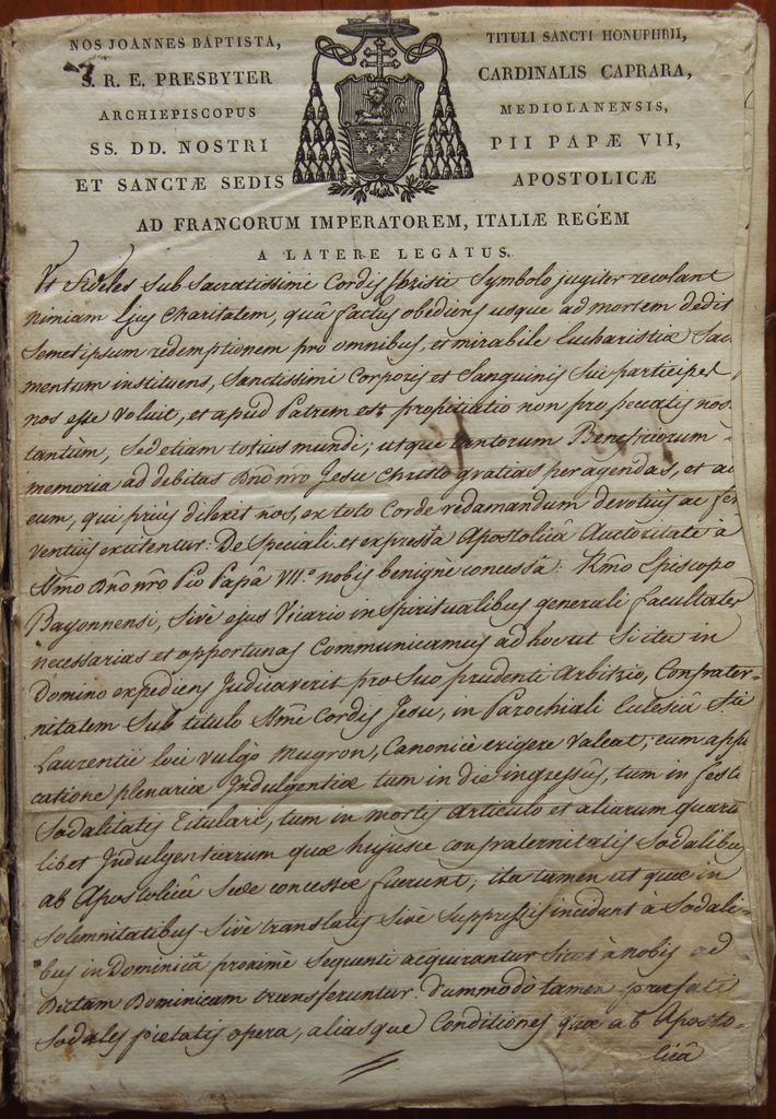 Diplôme d'érection d'une confrérie du Sacré-Coeur à Mugron, par le cardinal Giovanni Battista Caprara, légat du pape en France, 11 aout 1807 (AP Mugron) : première page.