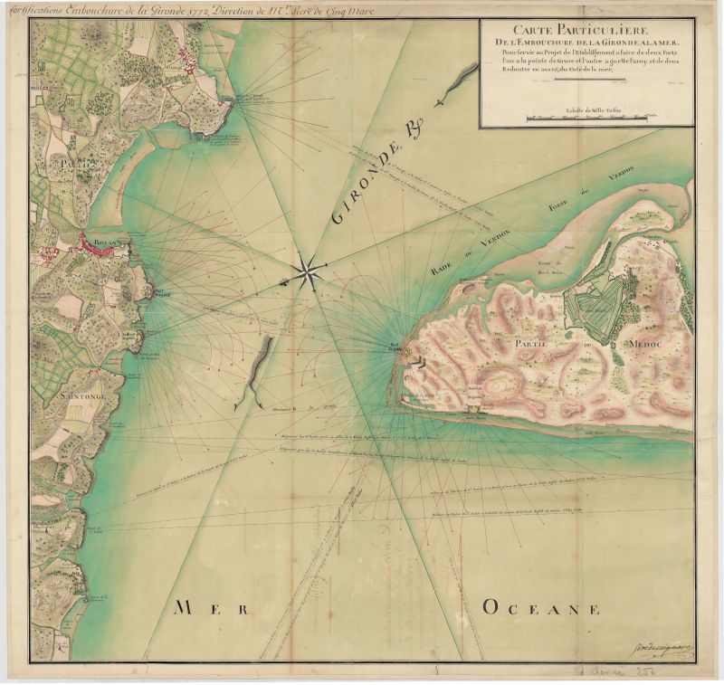 Carte de l'embouchure de la Gironde en 1772, montrant les éléments de défense et de repère pour la navigation.