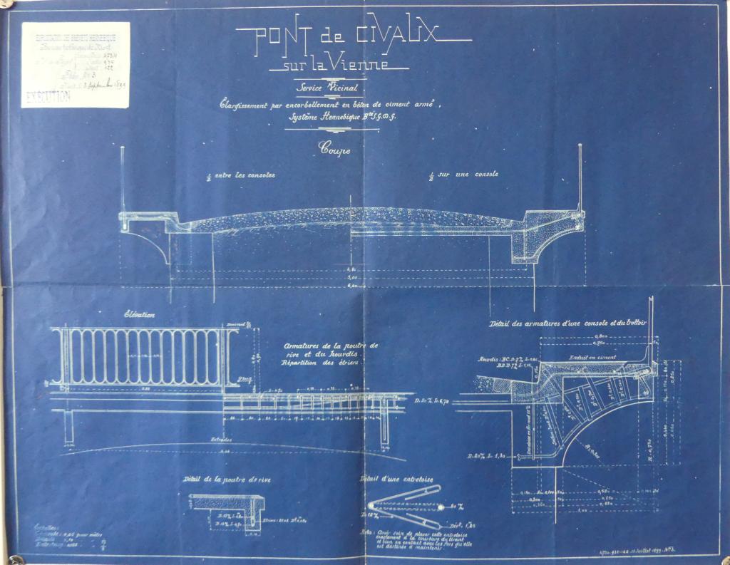 Plan de l'élargissement du pont de Civaux à deux voies, dressé par le bureau de Niort des Etablissements Hennebique (3 septembre 1899).